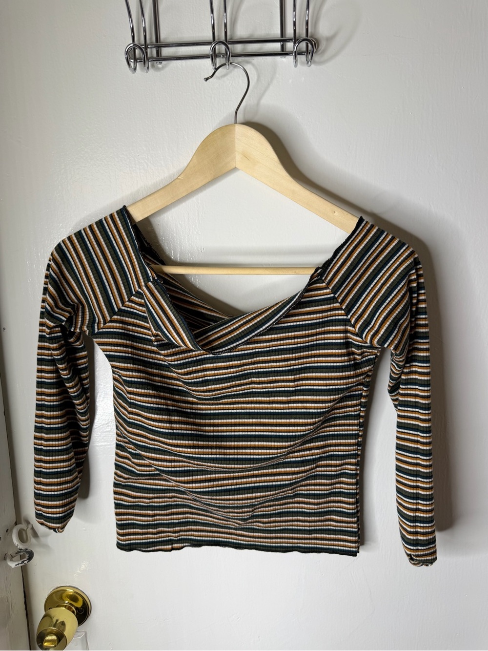 Striped Long Sleeve Off-Shoulder Women's Top - Blackl,green and mustard yellow